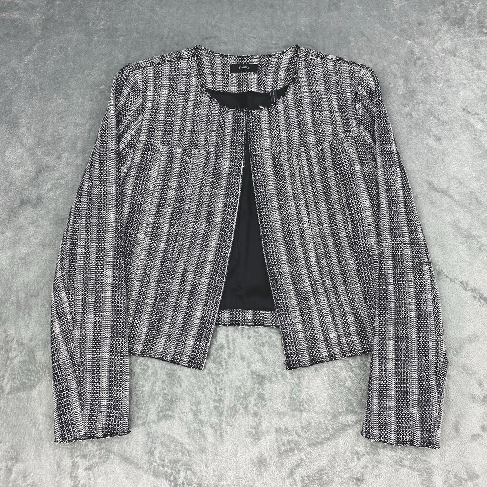Theory Jacket Womens Size 6 Black White Ualana‎ Cailen Tweed Blazer Raw-Edge